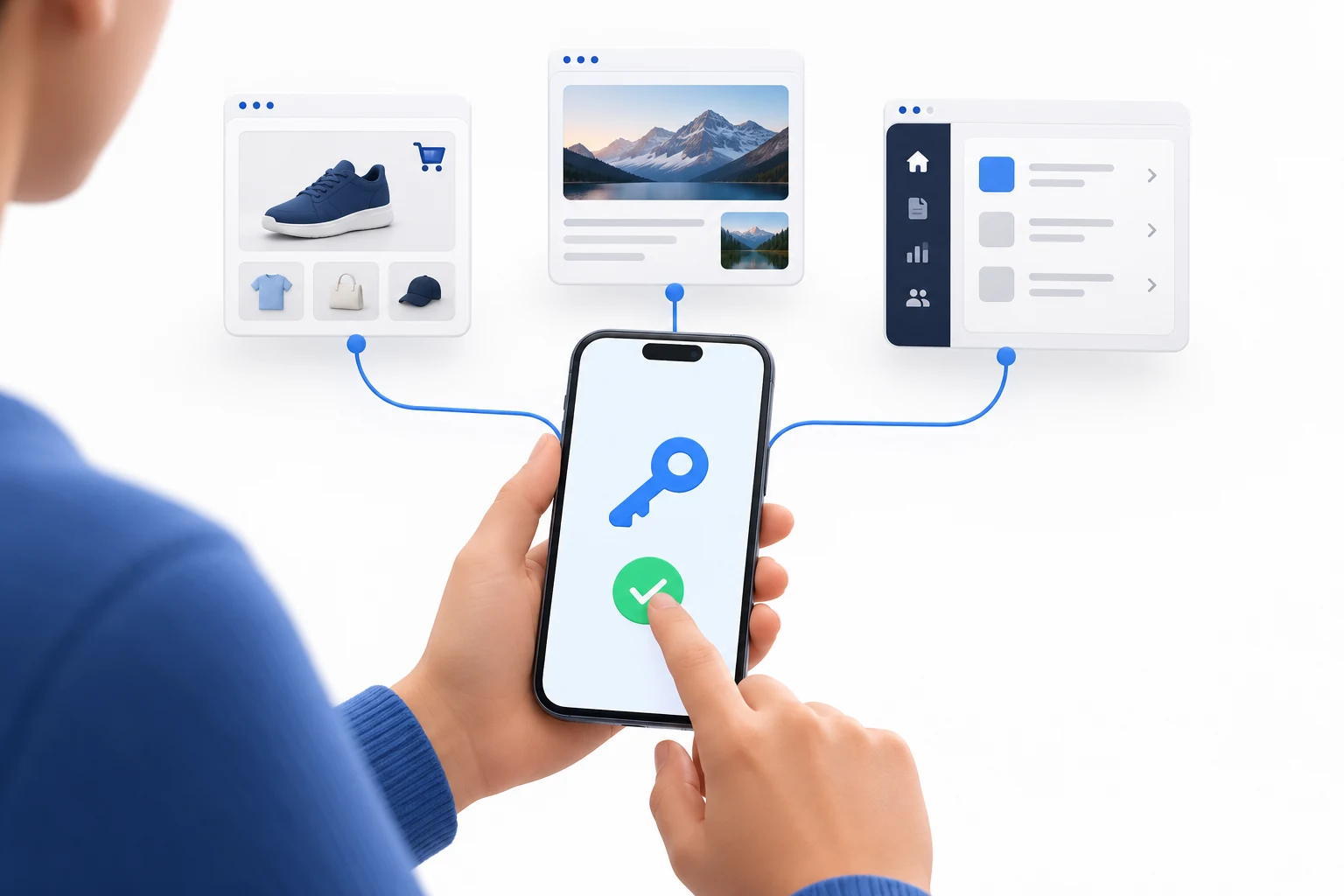 Una persona confirma una passkey en un smartphone conectado a una tienda, un sitio web y una aplicación empresarial.